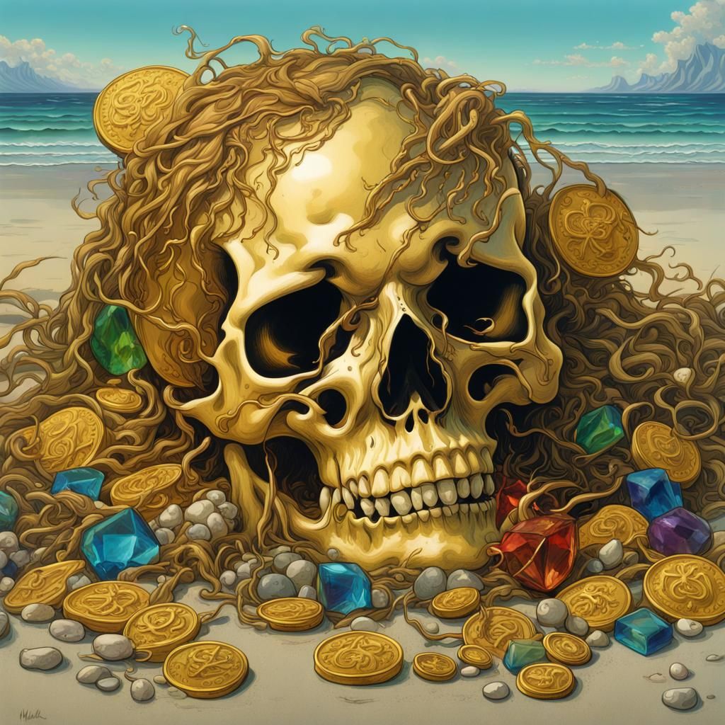 Gold coins and jewels and gems tangled up in seaweed washed ...