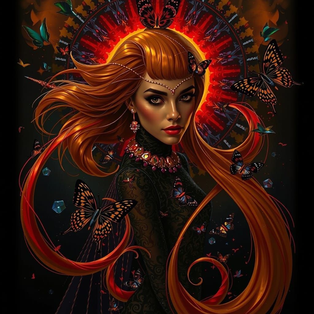 Regal Woman with Iridescent Hair in Psychedelic Vortex