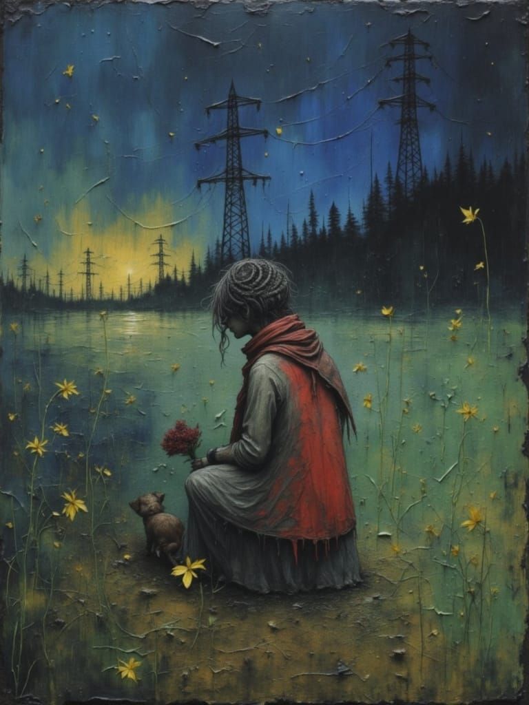 Powerlines in Rain Expressive Oil Painting