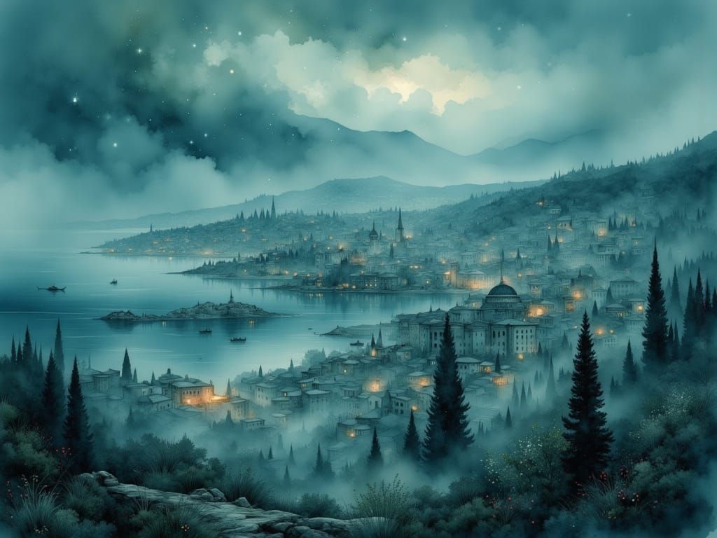 Foggy Byzantine Coastal City Under Starry Sky