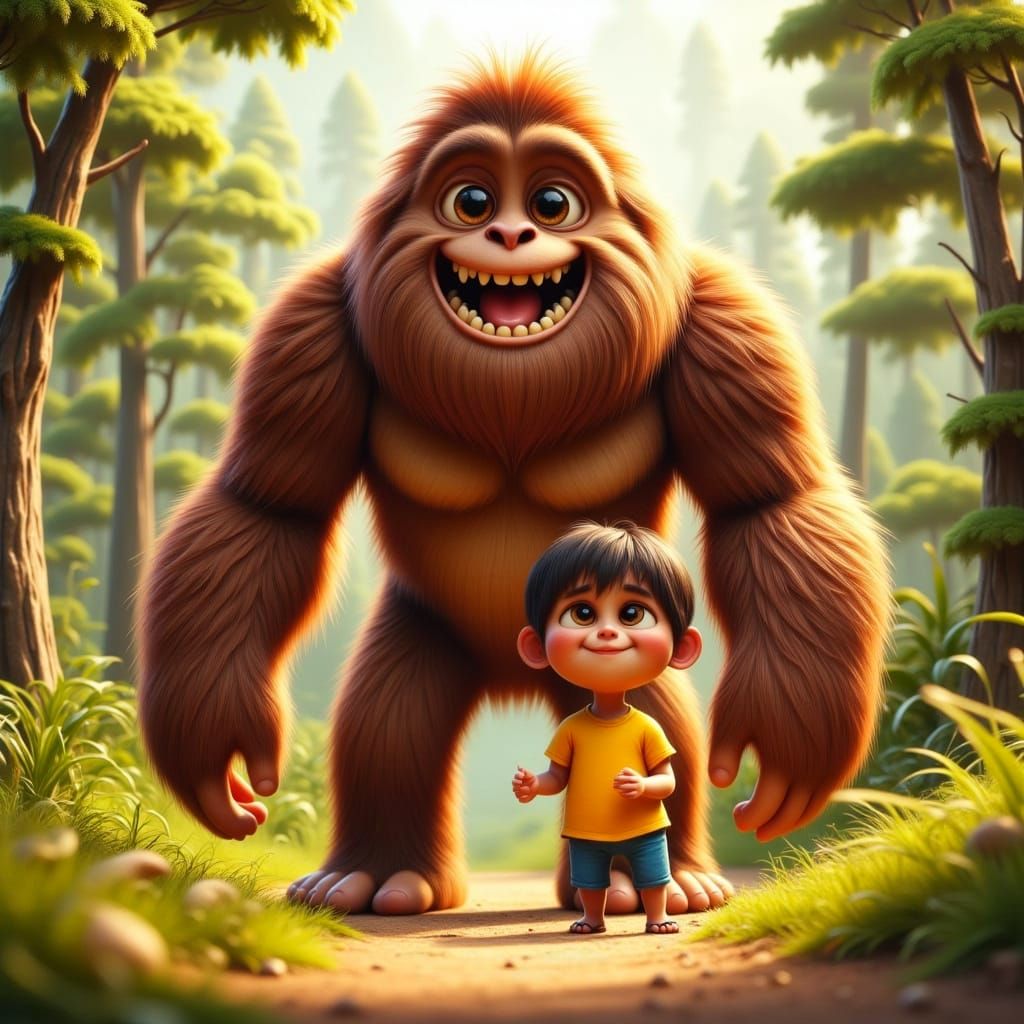 Goofy Bigfoot Plays with Child in Vibrant Digital Art