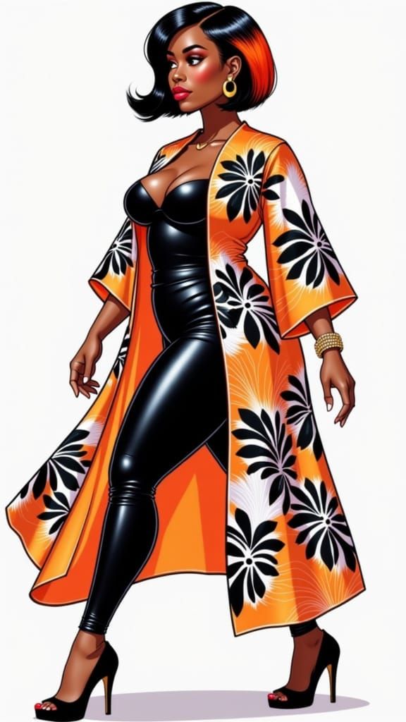Stylized Cartoon of Confident Black Woman in Orange Kimono
