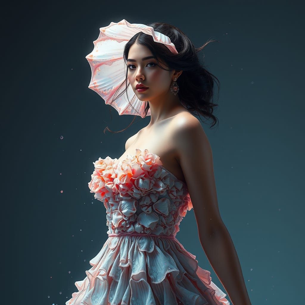 Hyperrealistic Portrait of a Woman in a Shell Dress in a Dre...