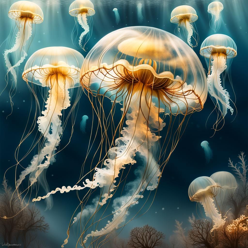 Ethereal Jellyfish Drifting in Gilded Mist