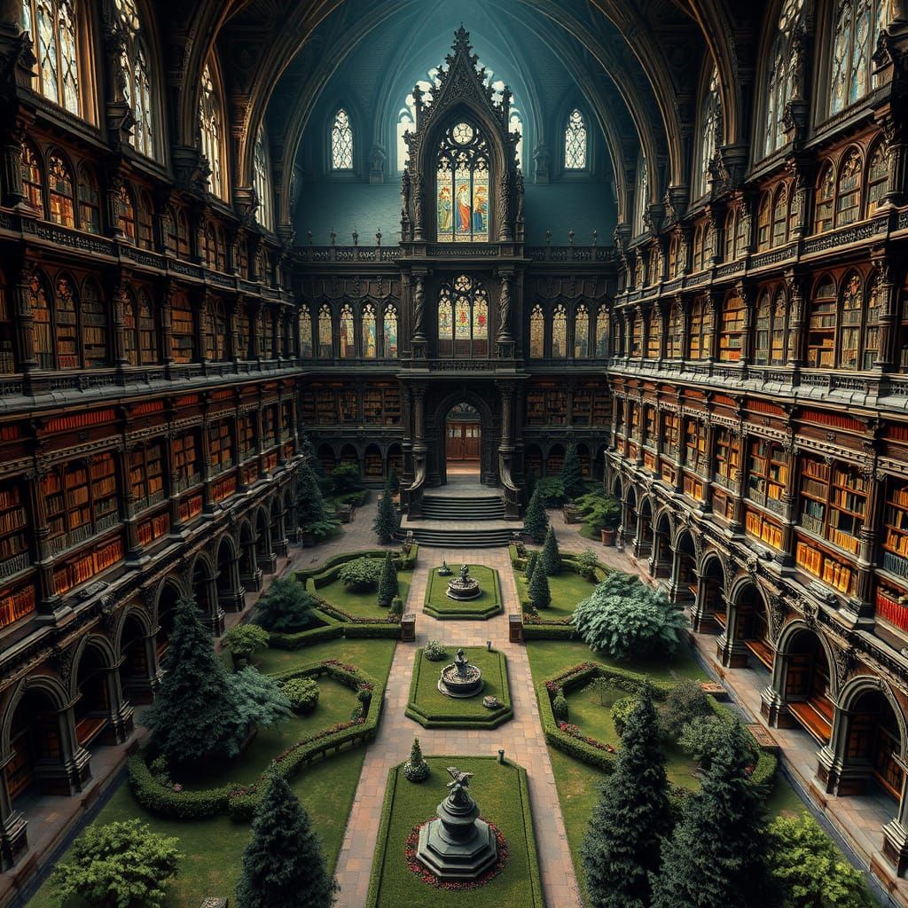 Gothic Library with Intricate Stone Carvings and Stained Gla...