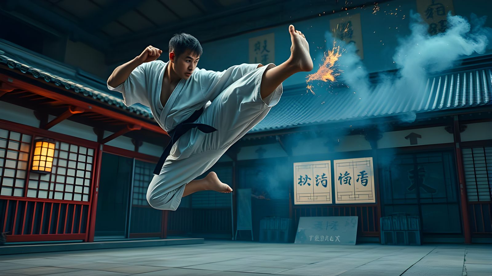 Dynamic Martial Artist Flying Kick in Dojo