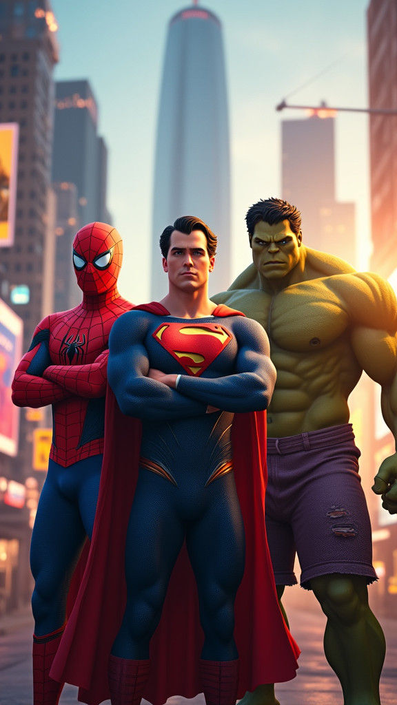 Superhero Alliance Against Cityscape Sunset