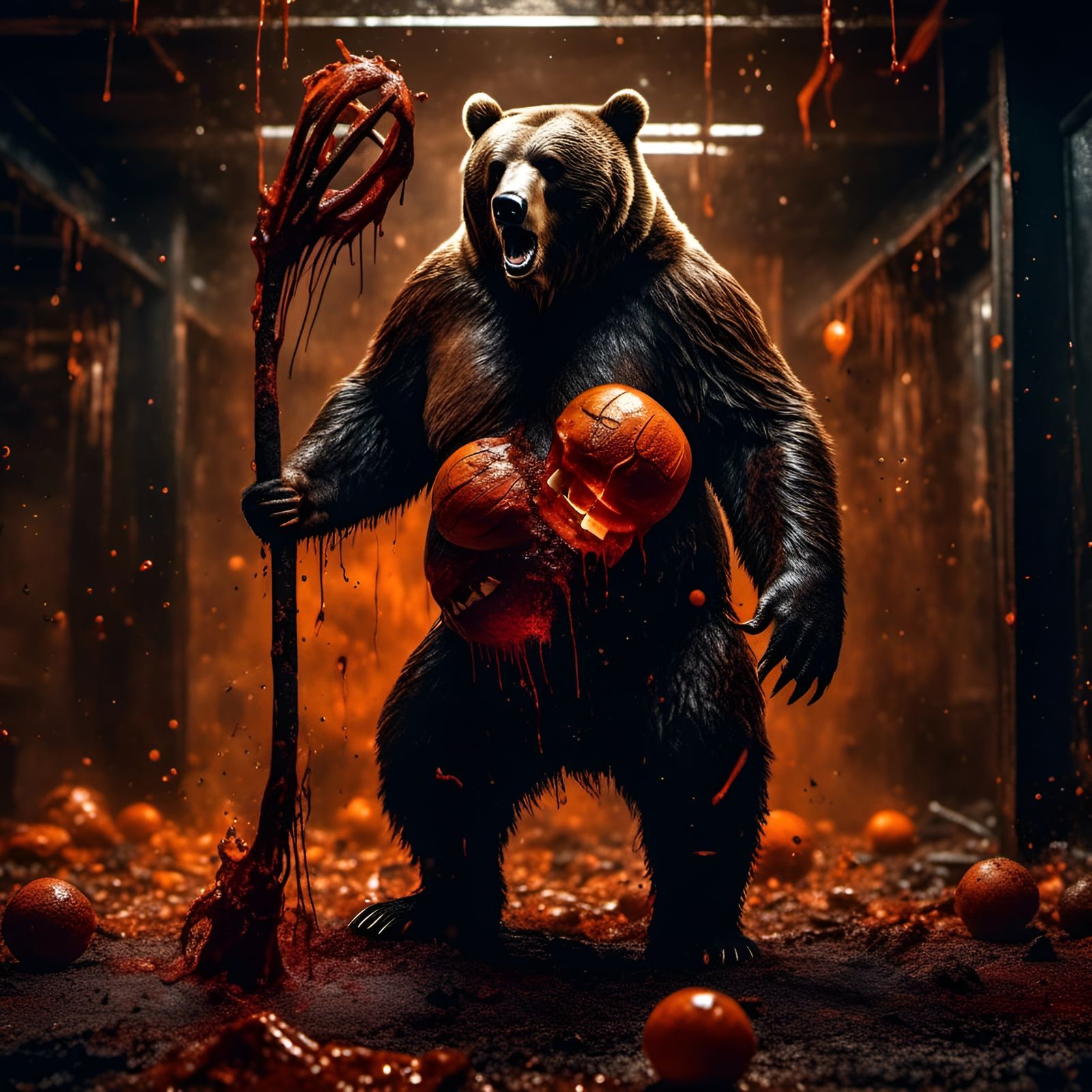 <lora:The Wanderer :1.0> obese bear tightly gripping a wicked club, smashing Jack-o'-lantern.