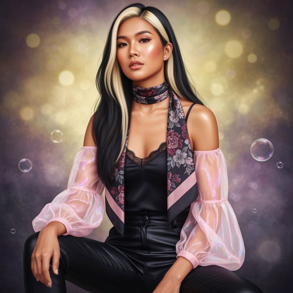 Filipina Woman in Sheer Pink Blouse and Leather Pants