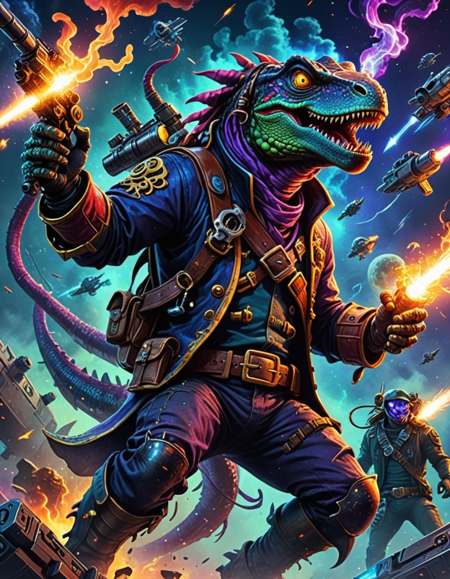 Lizard Space Pirates with Laser Pistols in Space