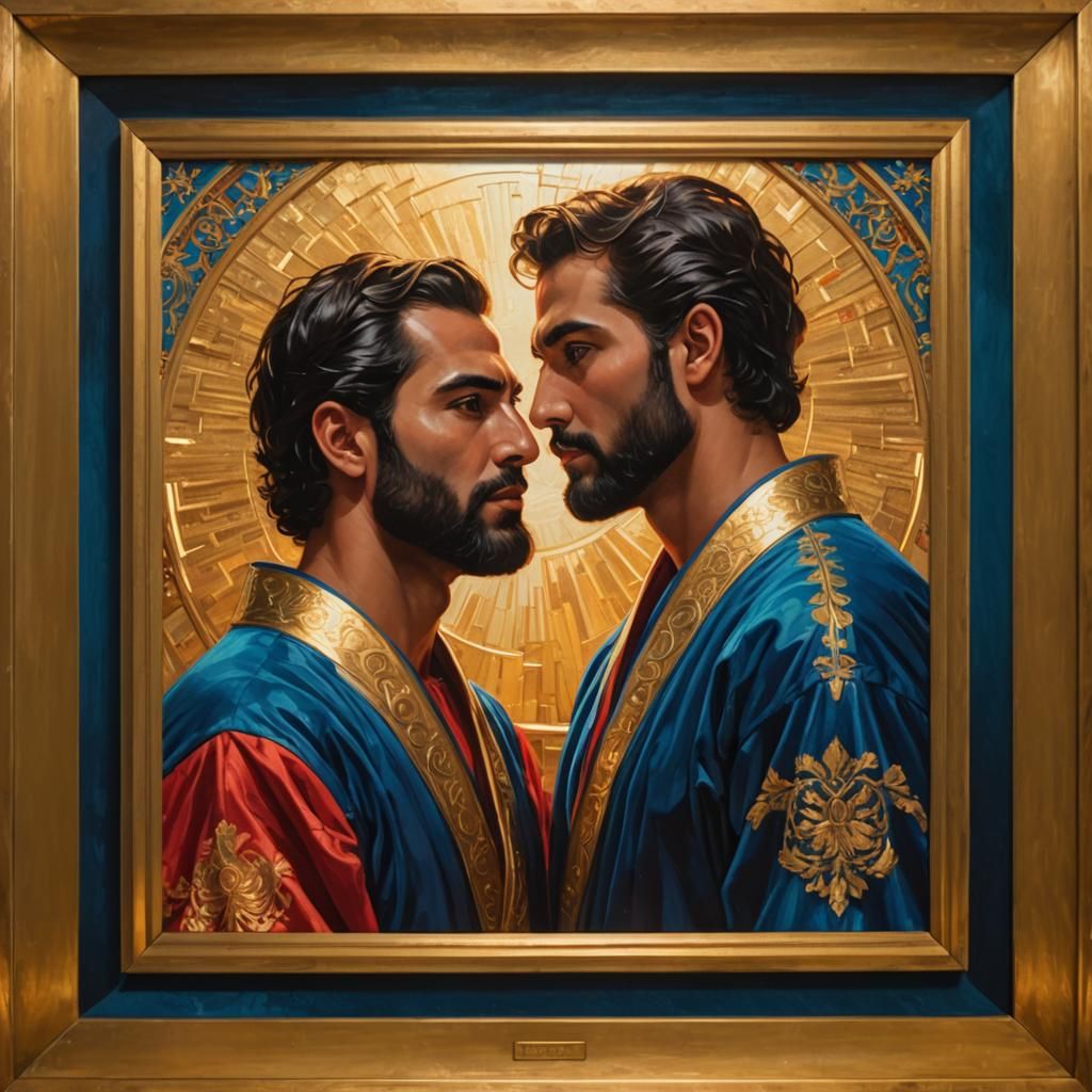 Radiant Men in Velvet Robes, Neo-Impressionist Painting