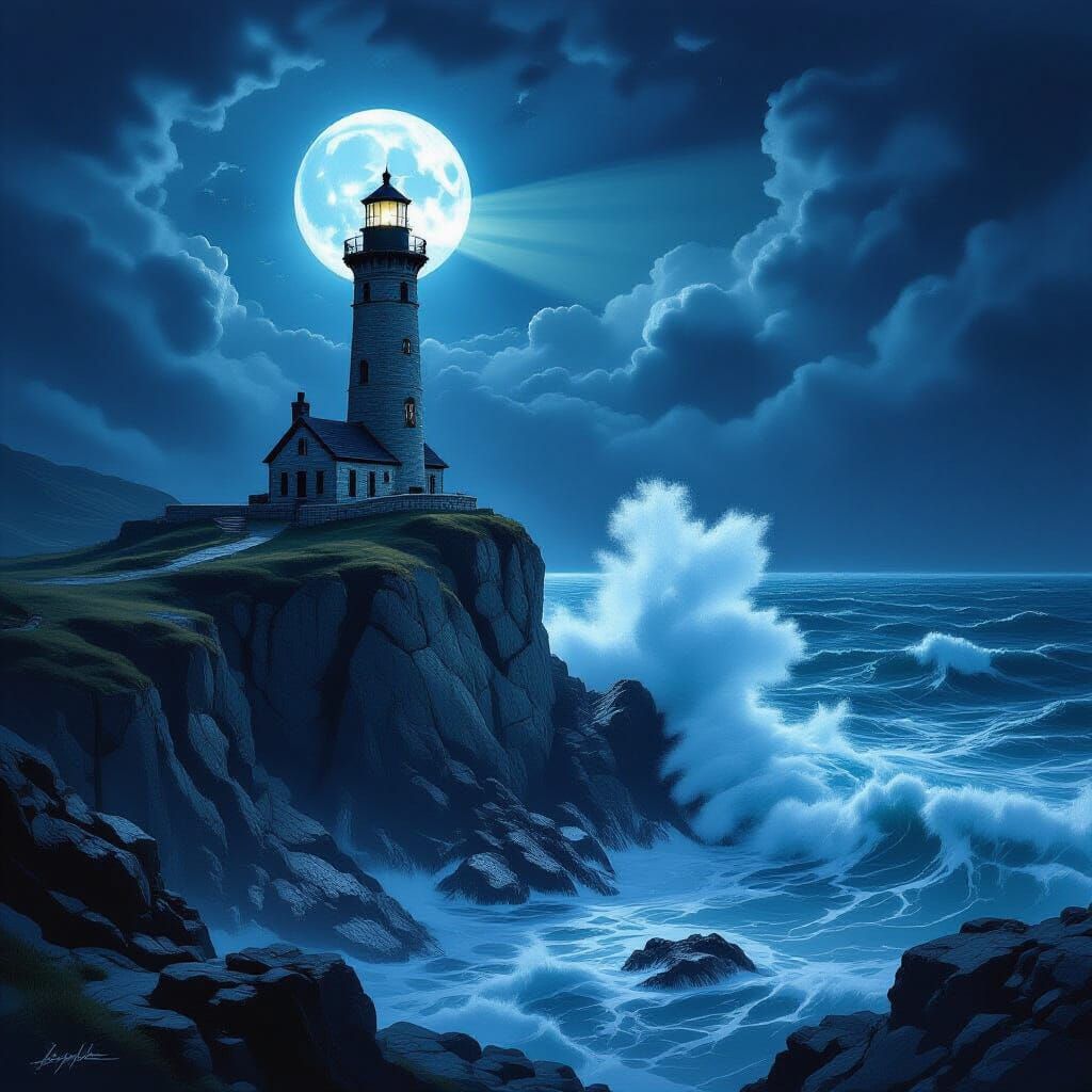 Ancient Lighthouse on Stormy Cliff Overlooking Moonlit Sea