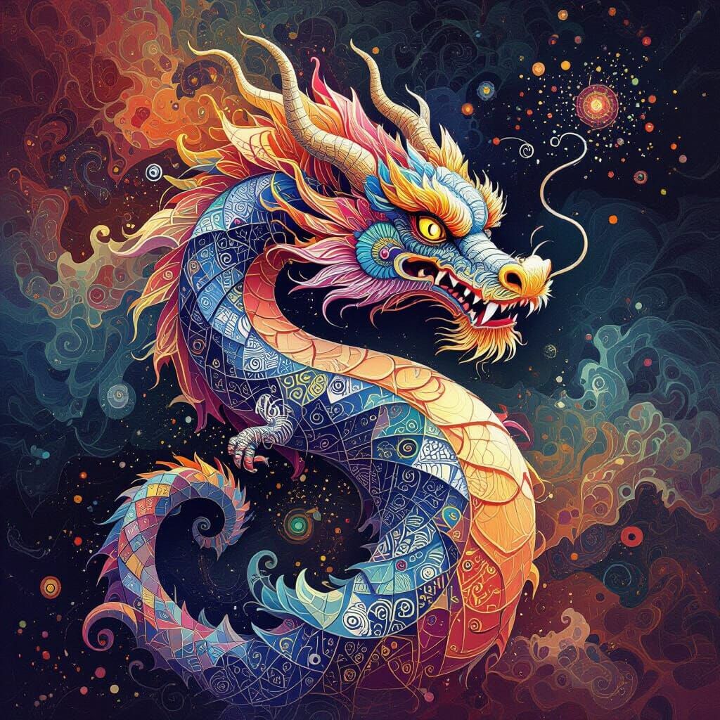 Abstract Dragon Zentangle Art with Cosmic Energy