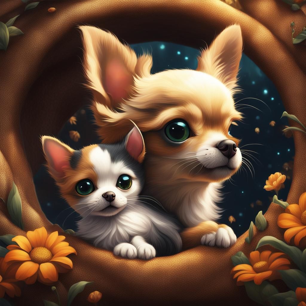 A chihuahua and calico kitten