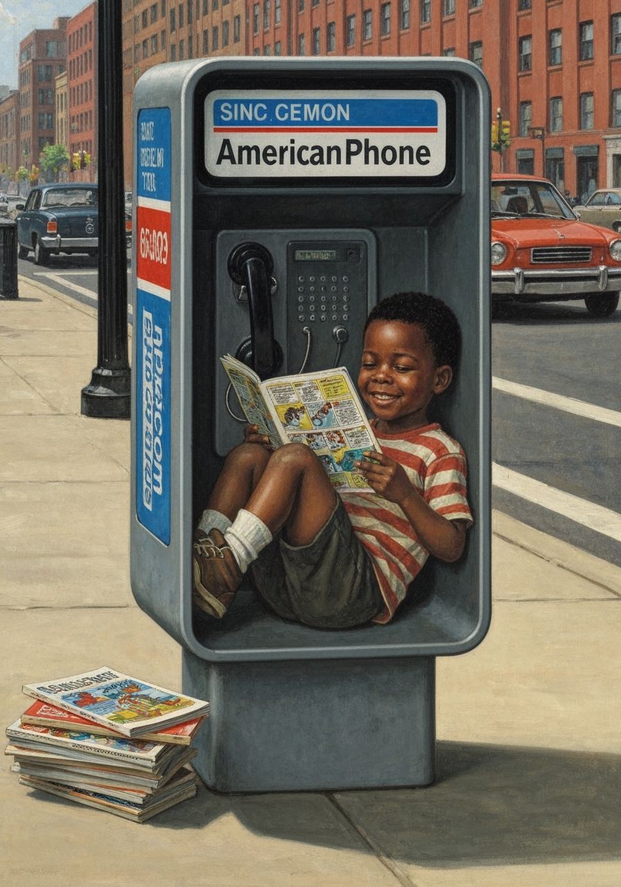 Boy Reads Comic in Payphone: Rockwell Style