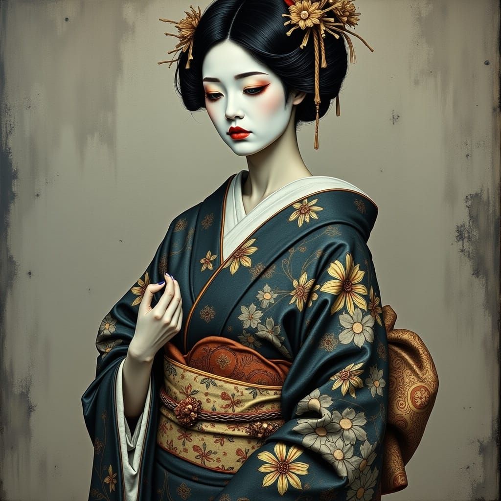 Mourning Geisha in Traditional Japanese Attire