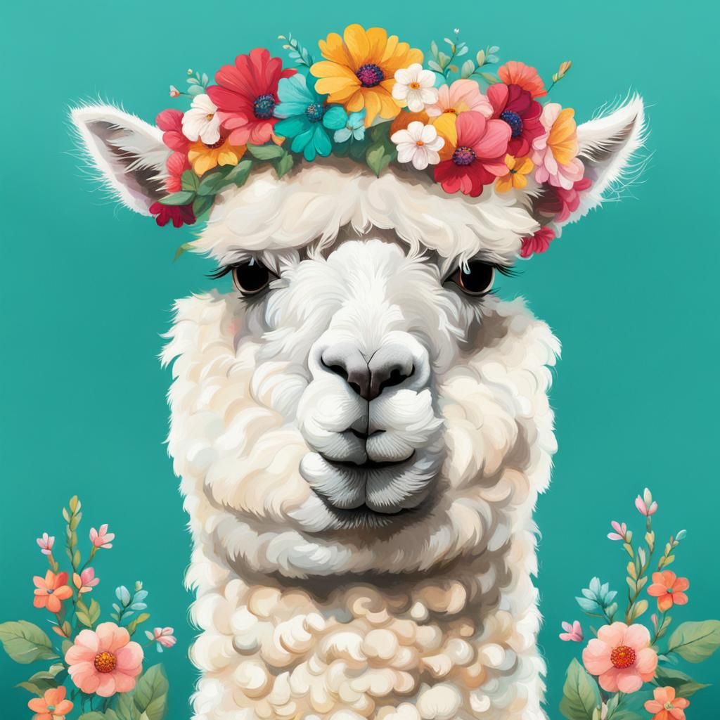 Alpaca in Flower Crown on Teal Background