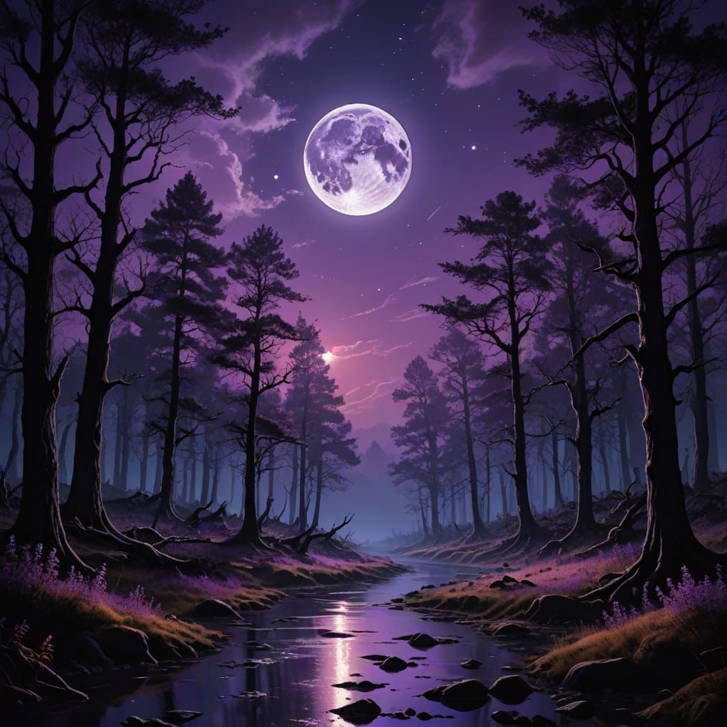 Ethereal Astral Nightmare beneath a Vibrant Purple Full Moon