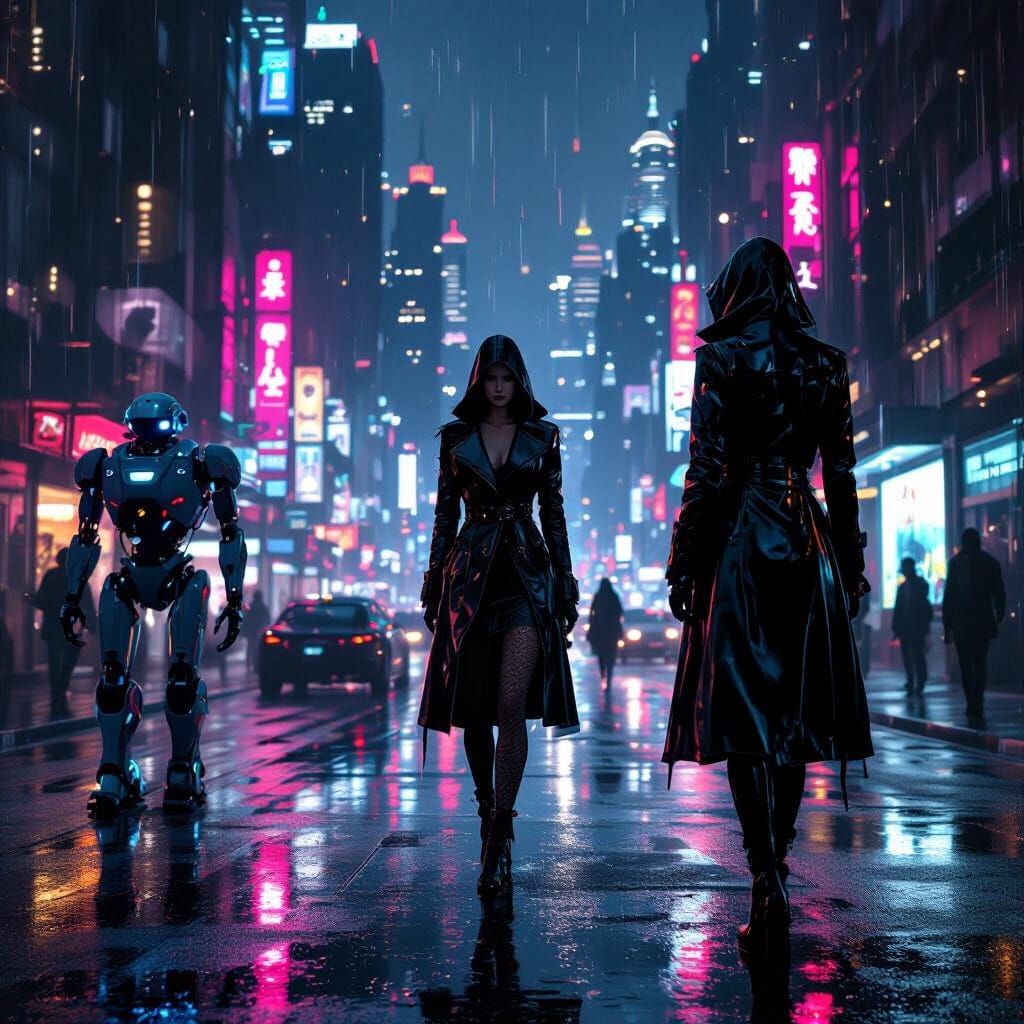 Cyberpunk Cityscape with Gothic Figures and Robots