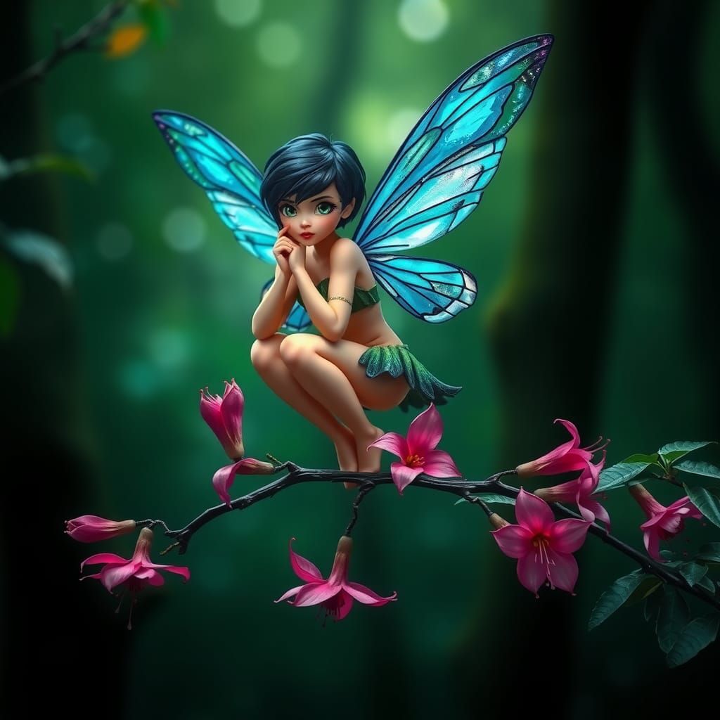 Beautiful Fairy with Iridescent Wings on Branch