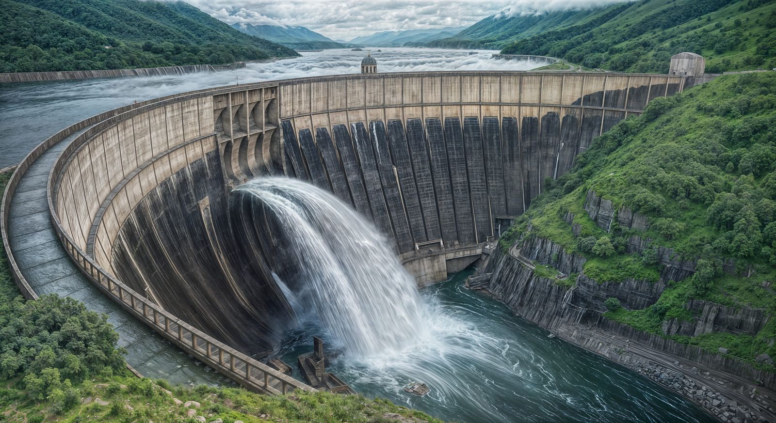 Powerful Dam Releasing Water into Lush Valley