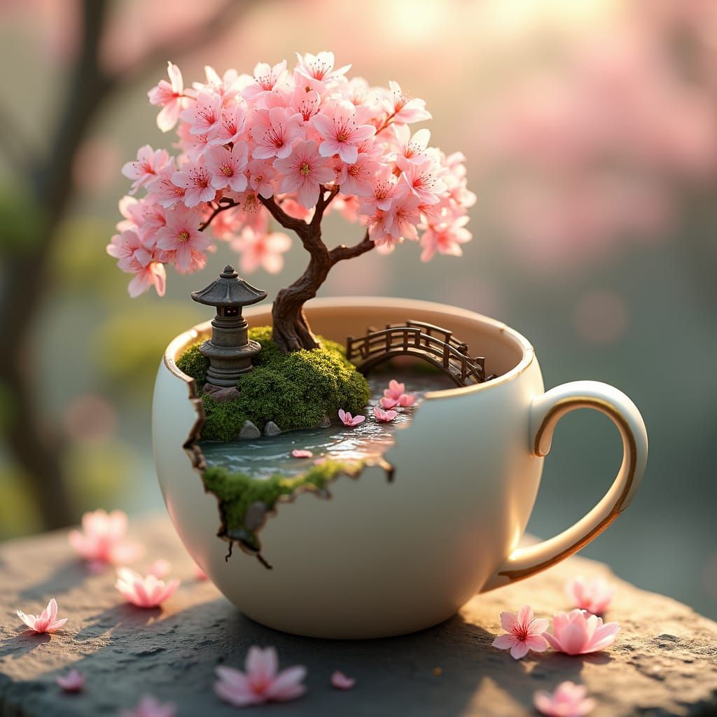 Whimsical Sakura Garden in a Cracked Ceramic Apple
