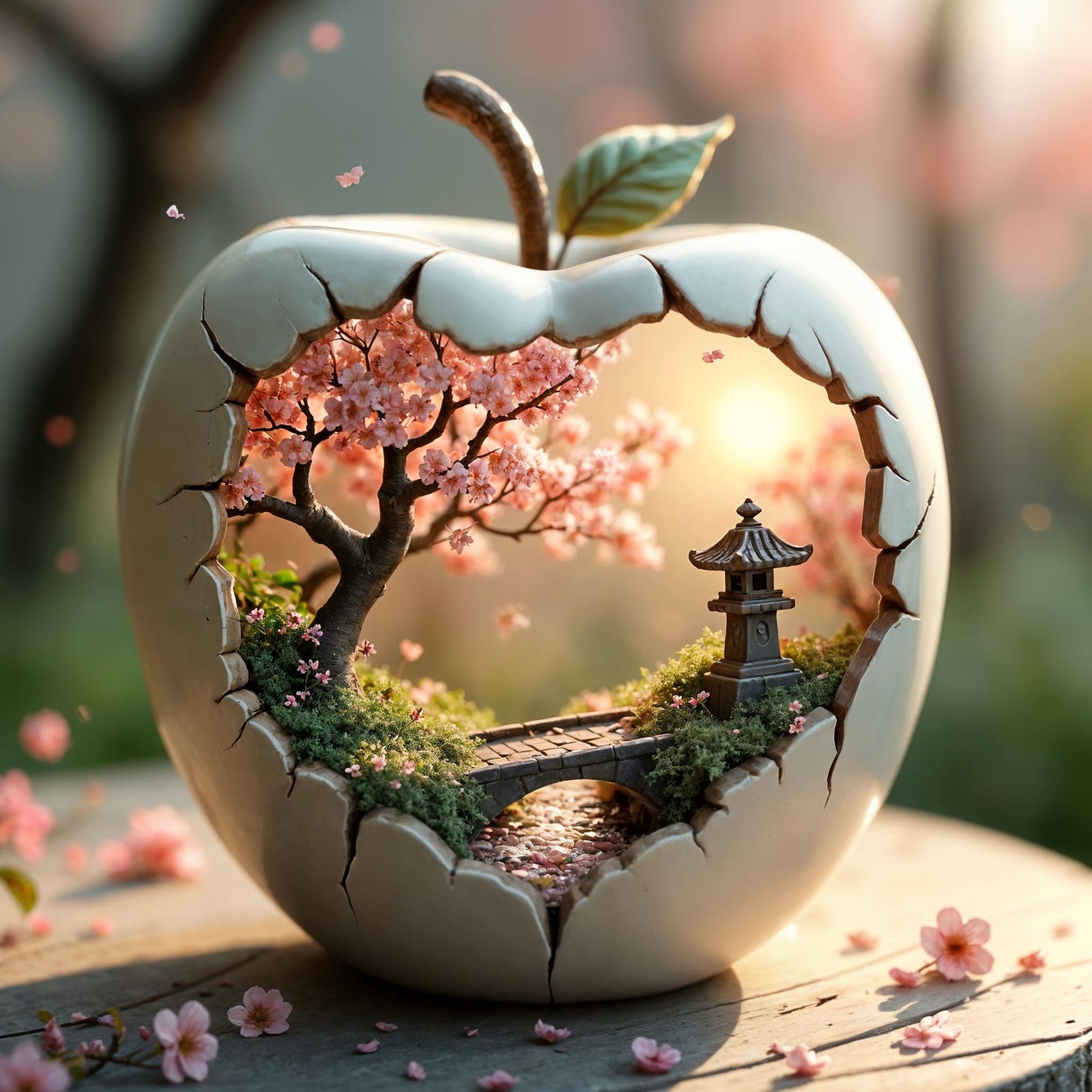 Surreal Cherry Blossom Oasis Within a Cracked Apple