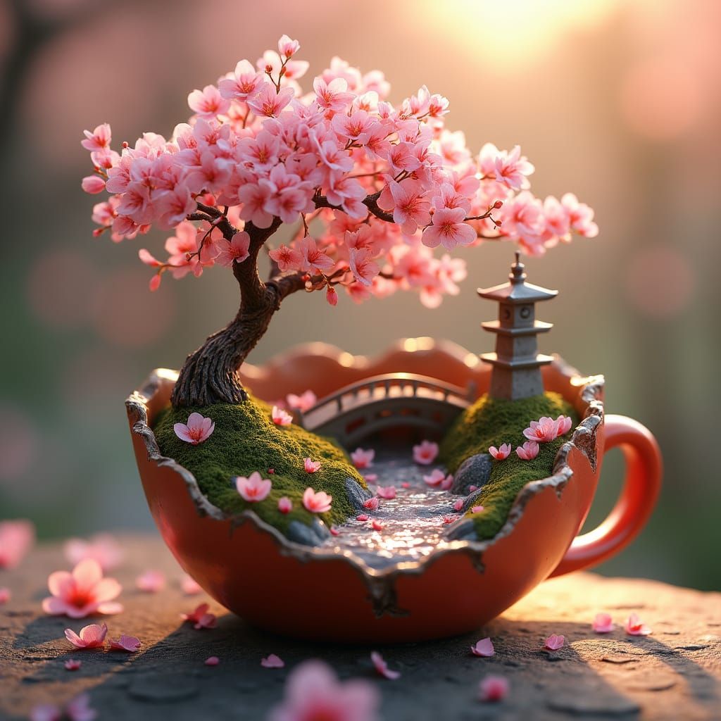 Whimsical Sakura Garden in a Cracked Ceramic Apple