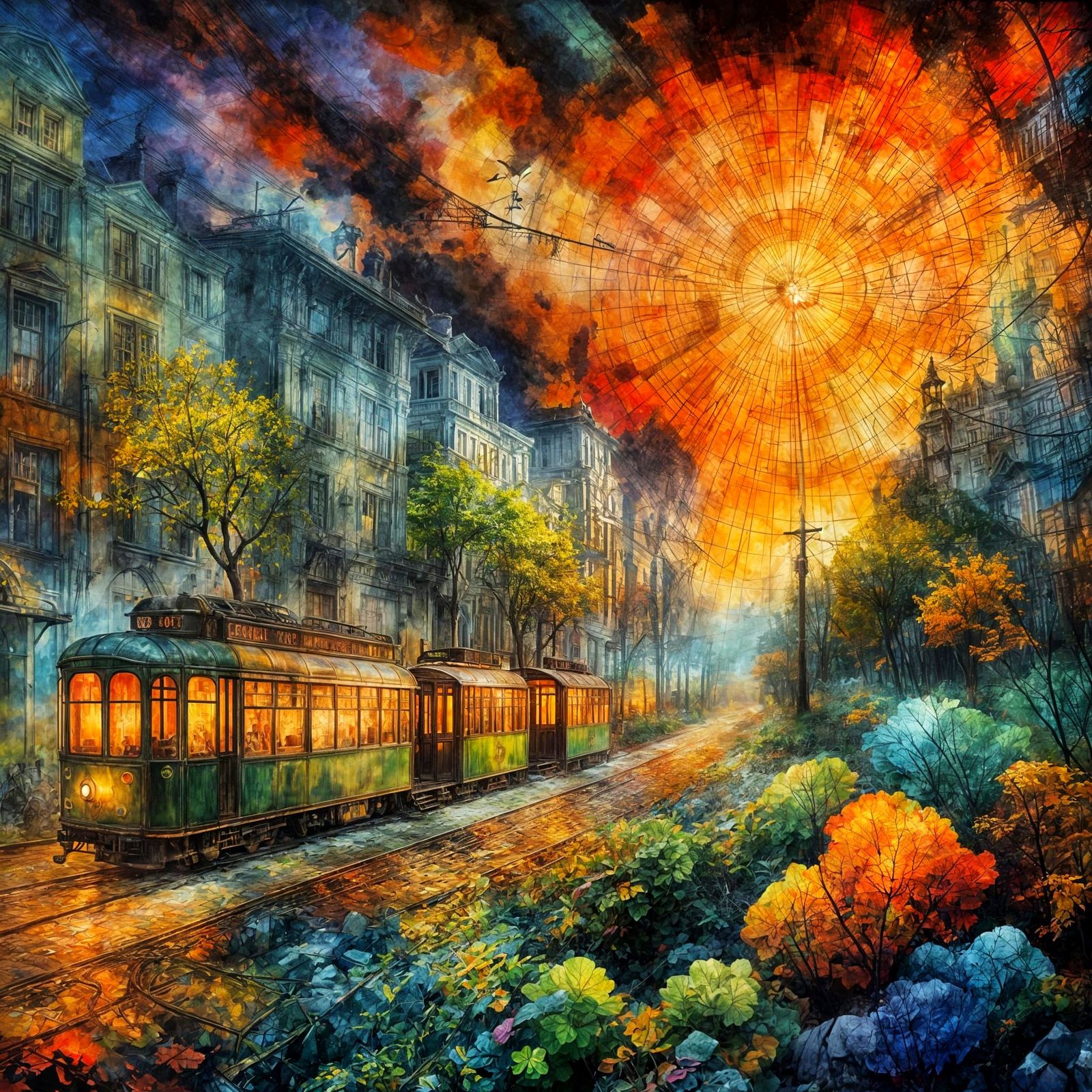 Tram in colorful town