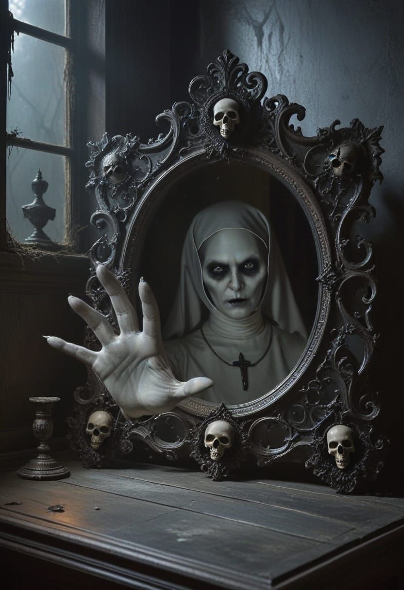 Creepy Nun Reaching From Gothic Mirror in Horror Style