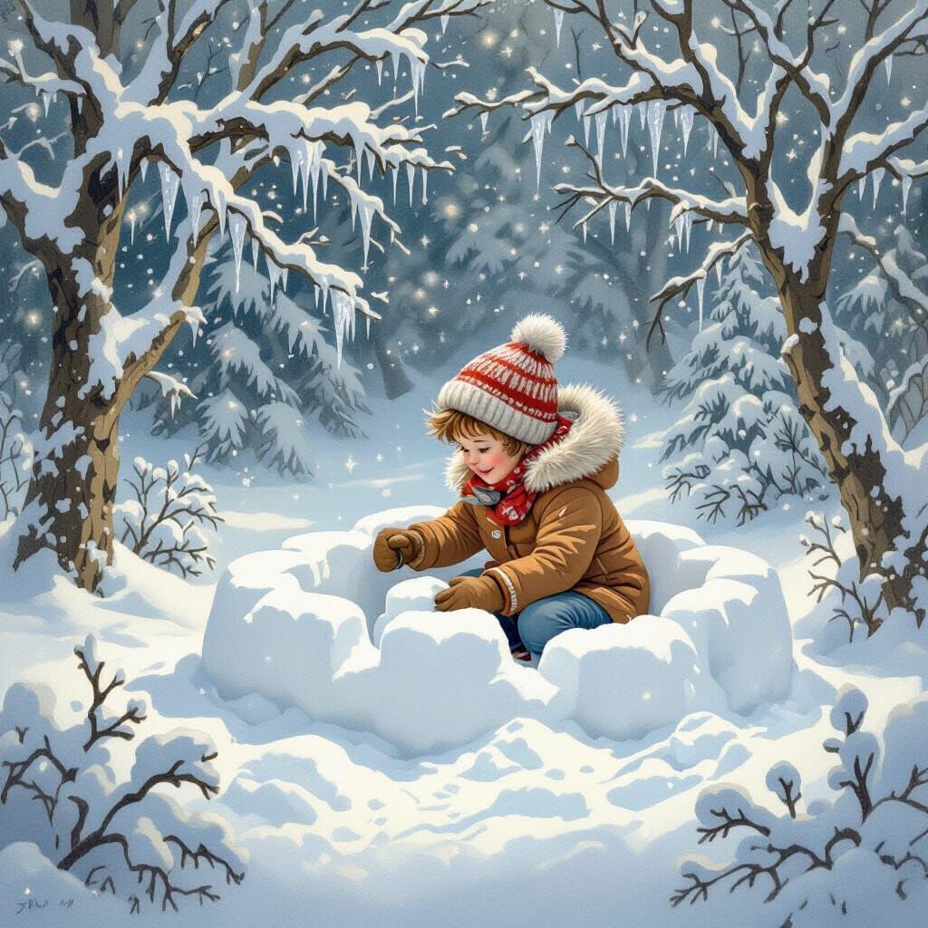 Child Builds Snow Fort in Winter Wonderland
