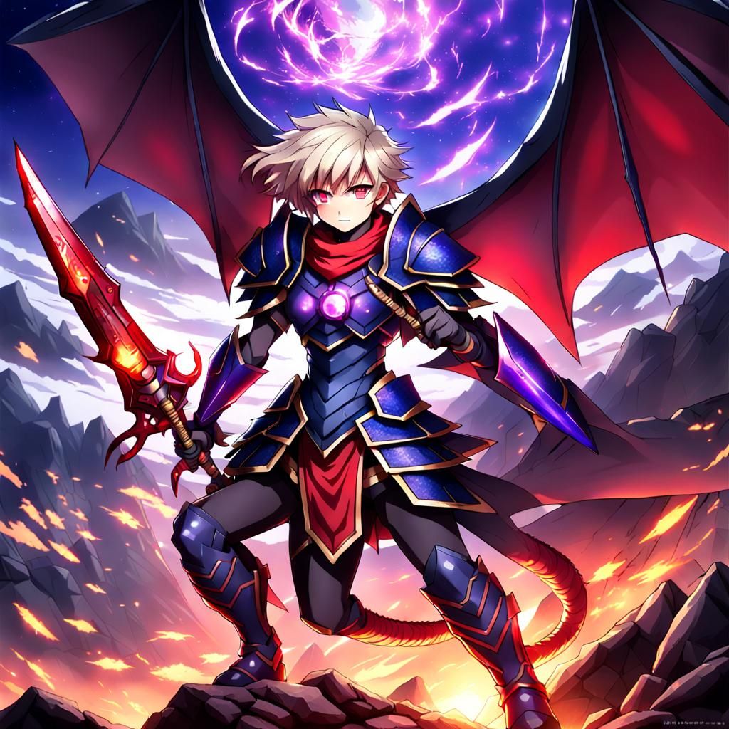 Anime Female Warrior in Dragon Armor Under Chaos Sky