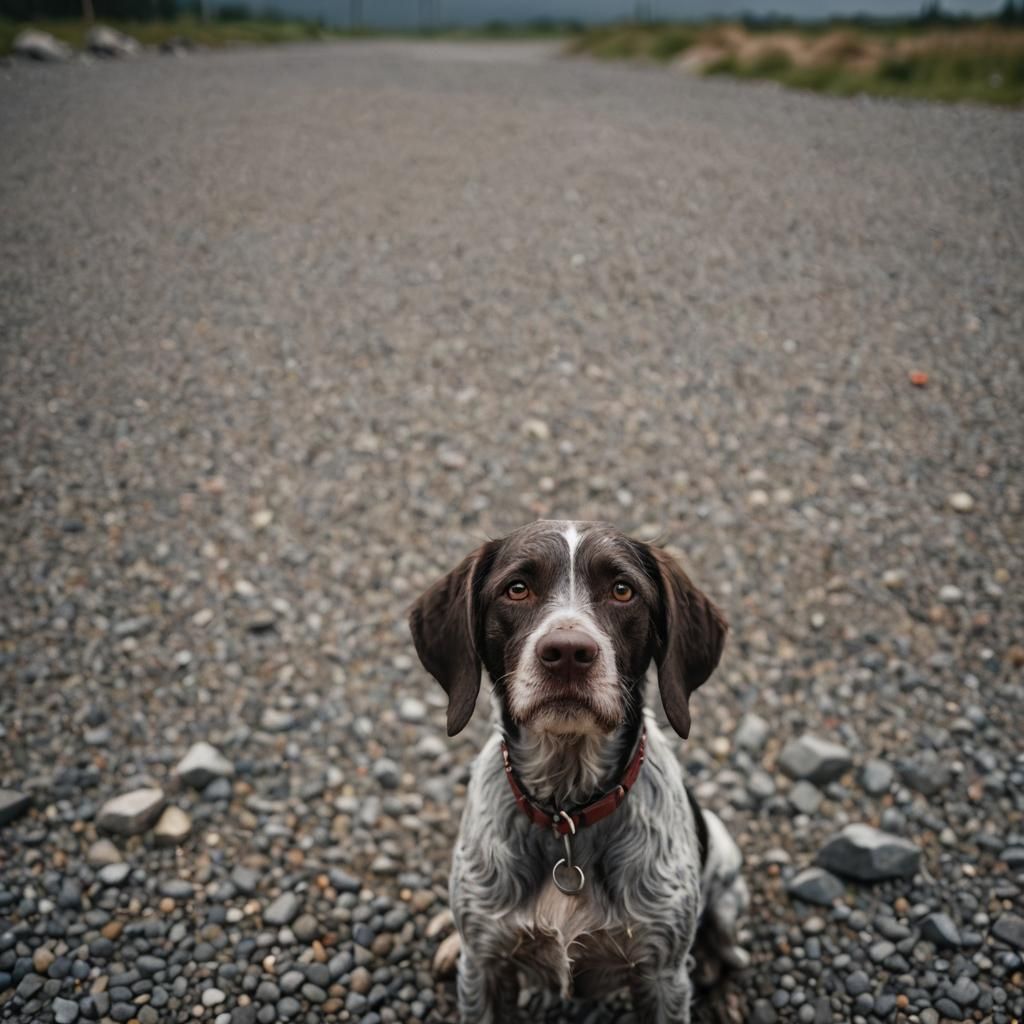 Fearful Wire-Haired Pointer in Gravel Pit Photo