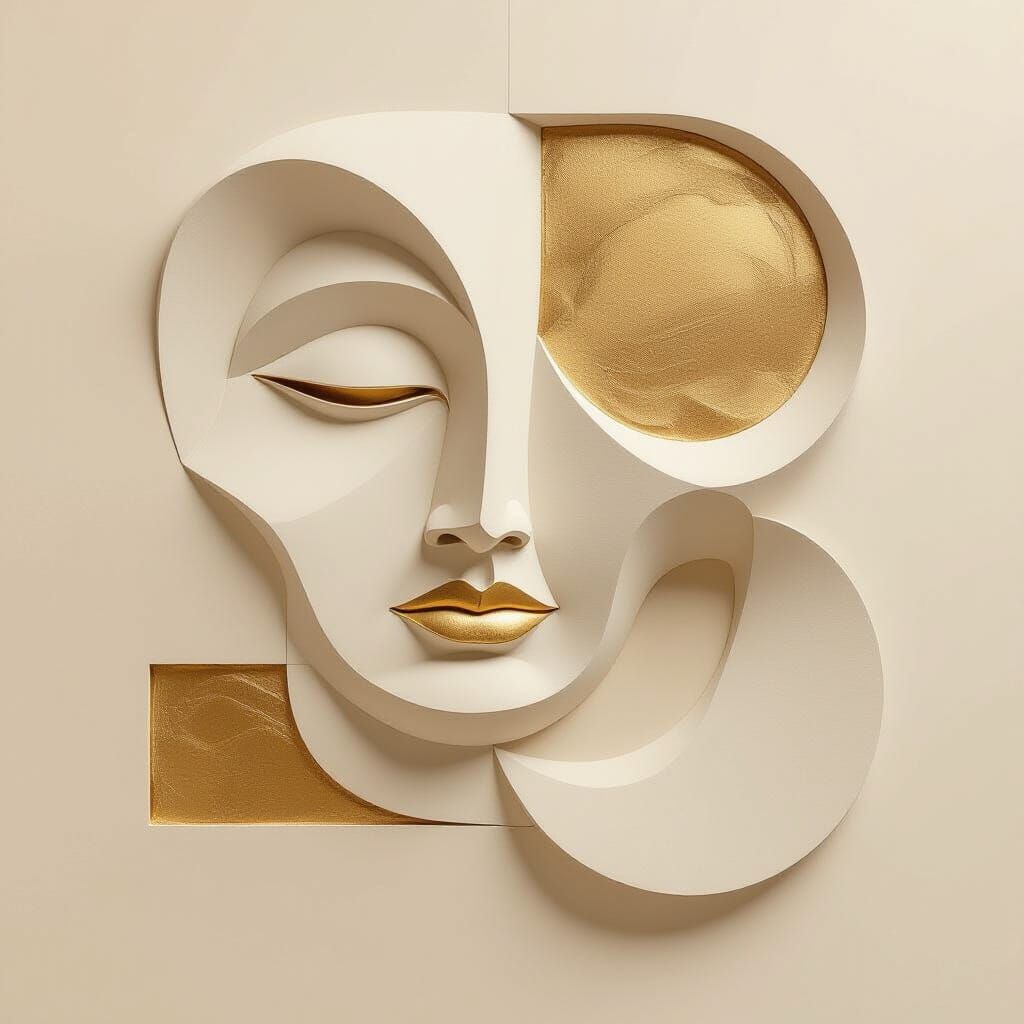 Minimalist Gypsum Bas-Relief with Gold and Bronze Accents