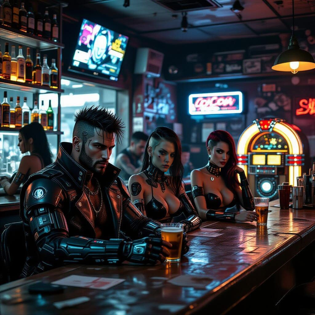 Cyberpunk Bar Scene with Cyborg Patrons