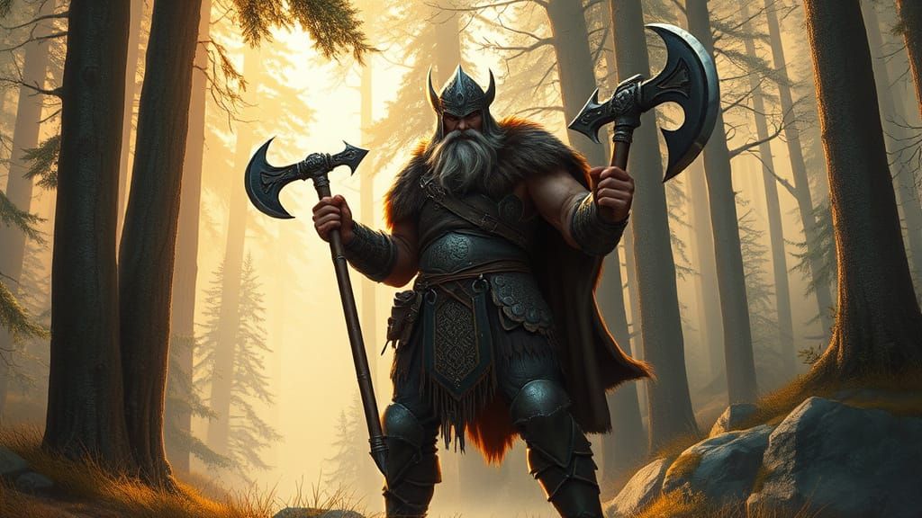 Norse Warrior Skilfingr in Majestic Forest Landscape