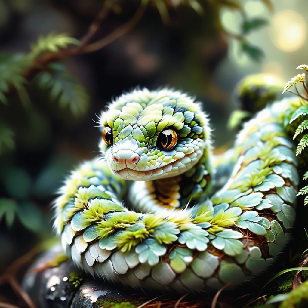 Furry Baby Snake on Mossy Rock in Watercolor Style
