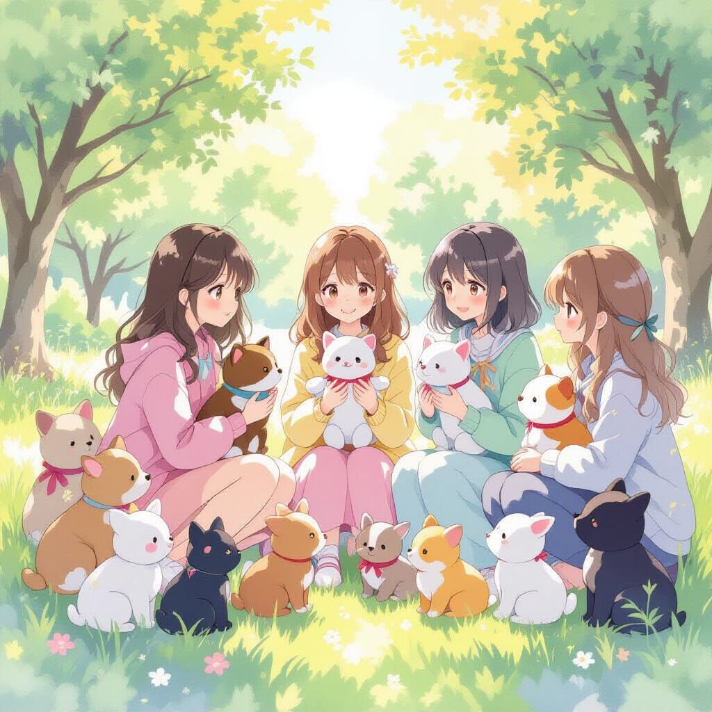 Anime Girls with Animals in Watercolor Style