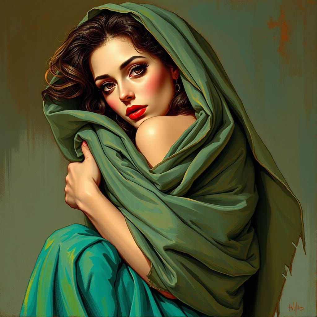 Woman in Turquoise Fabric, Dynamic Pose