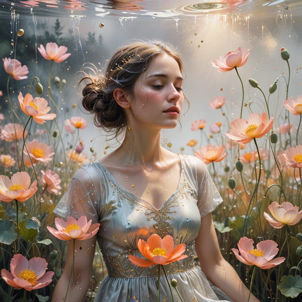 A hyper-realistic woman immersed in a field of floating poppies