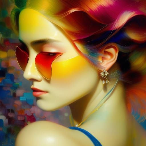 Female Portrait in Yellow Sunglasses, Expressionist Oil Pain...