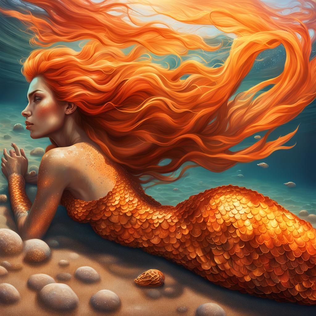Orange Mermaid on the Beach in Hyperrealism