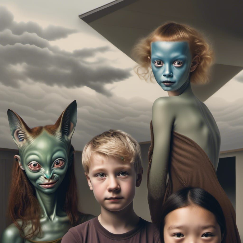 Hyperrealistic Alien Family Portrait in Bizarre Home