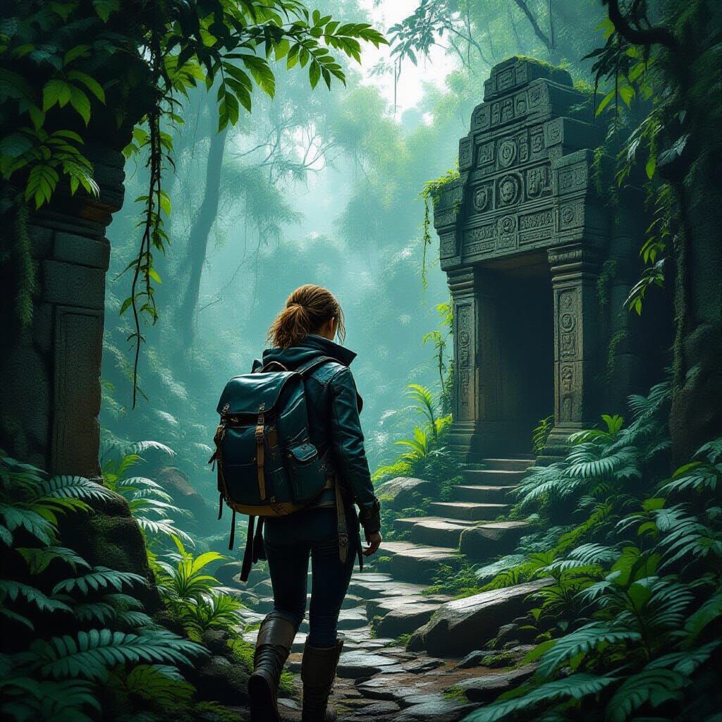 Mystical Forest Hiker Exploring Ancient Ruins