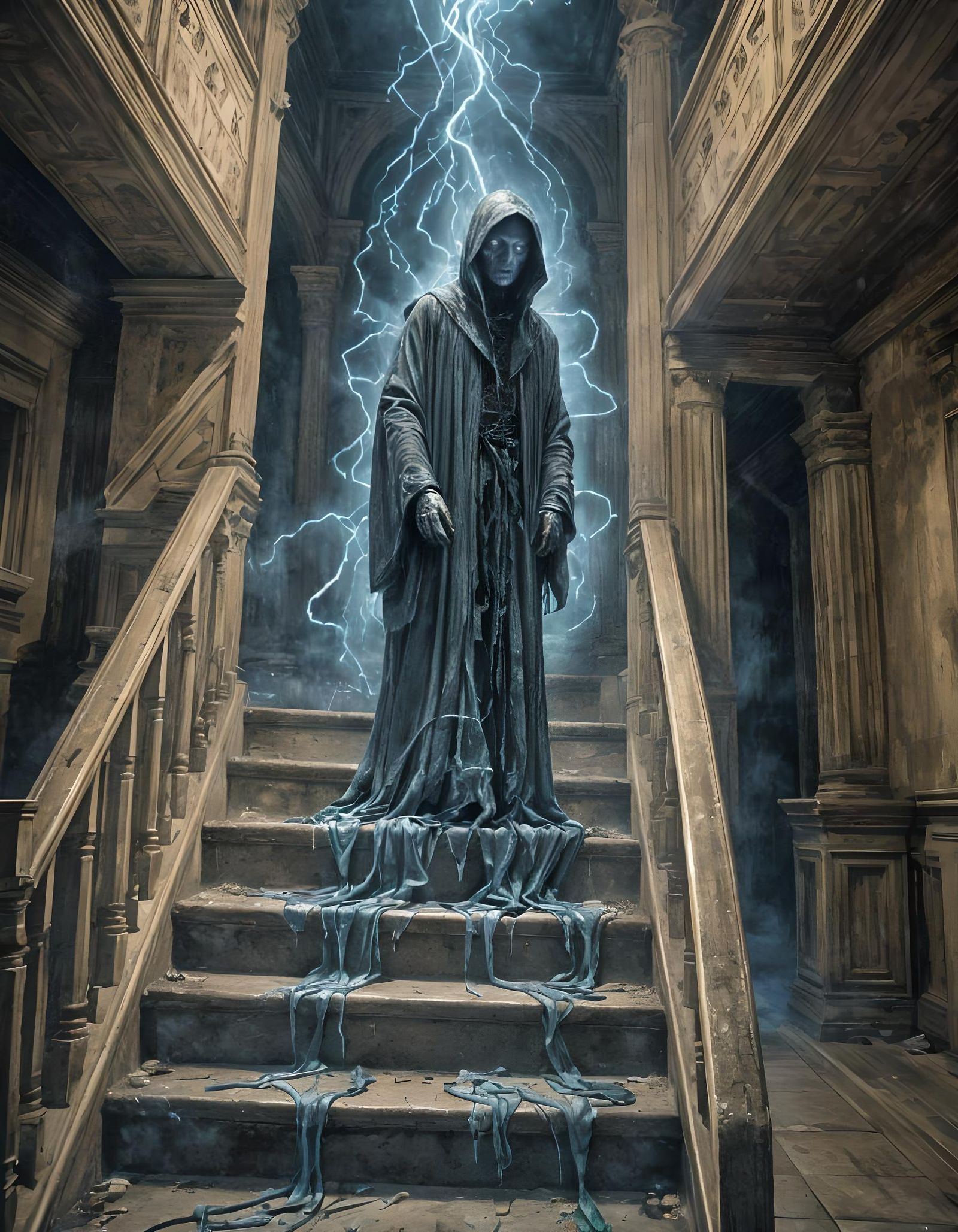 Malevolent Specter Ascends Staircase in Analog Horror Style