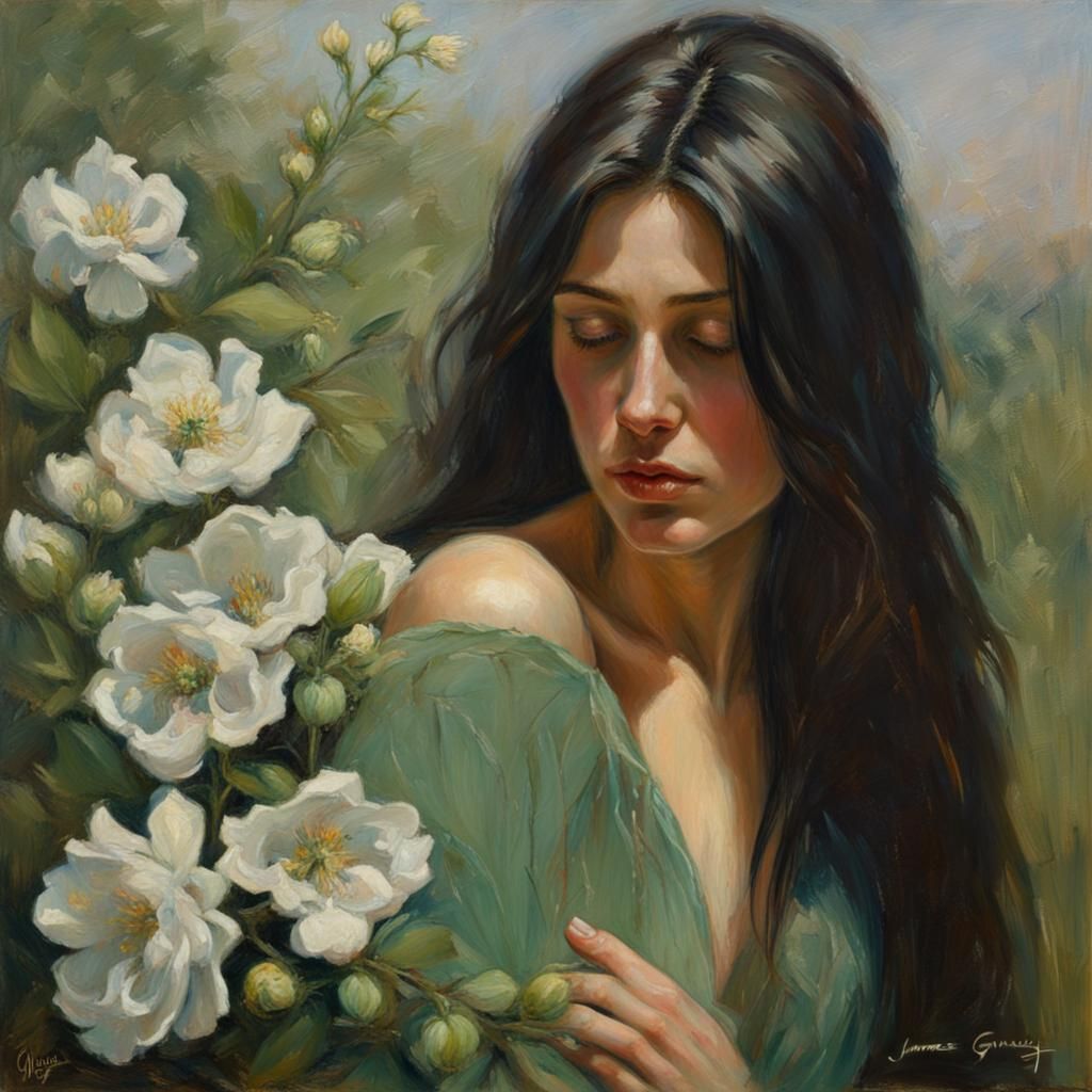 Woman with Flowers in Oil Painting Style