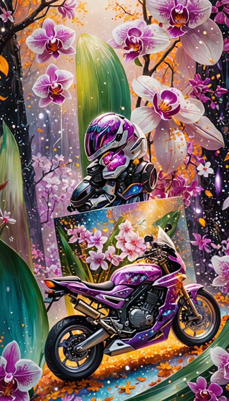 Cosmic Motorcycle Amidst Blooming Orchids in Surreal Oil Pai...