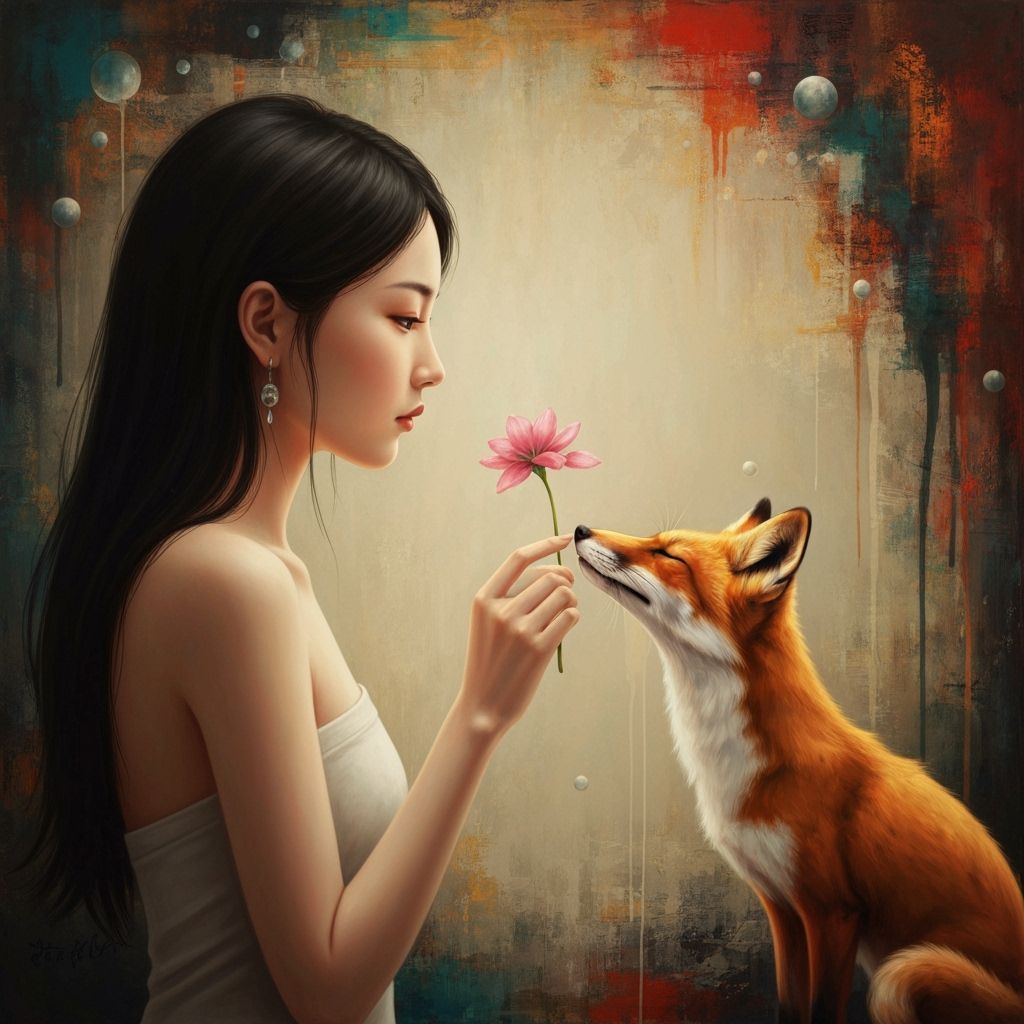 Woman and Fox Sharing a Flower, Surreal Art