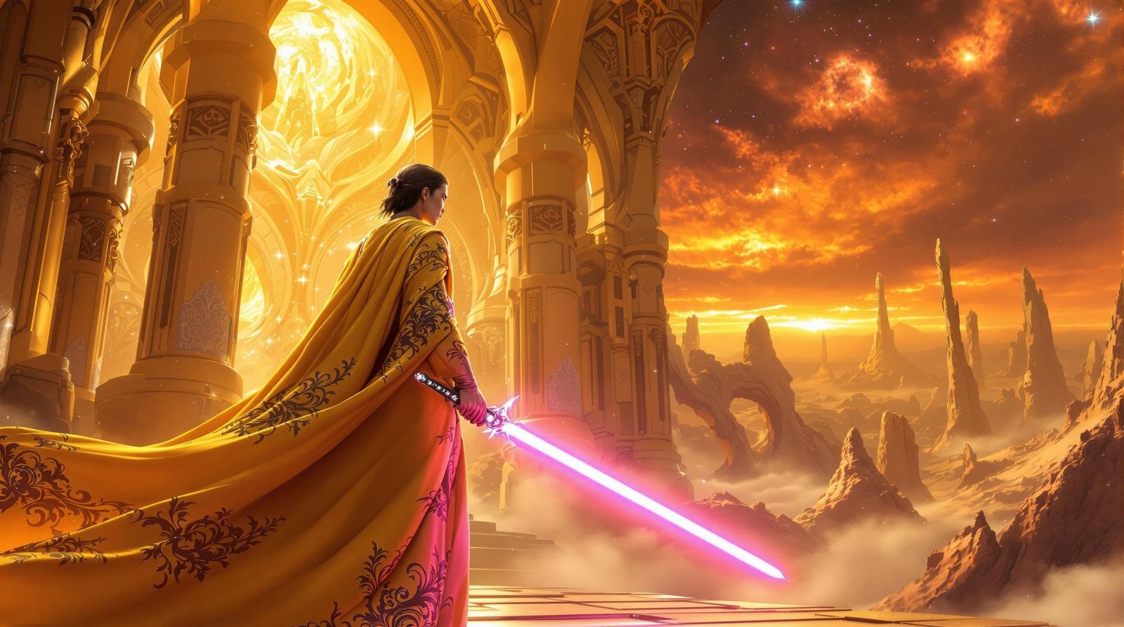 Majestic Desert Warrior in Ancient, Futuristic Temple