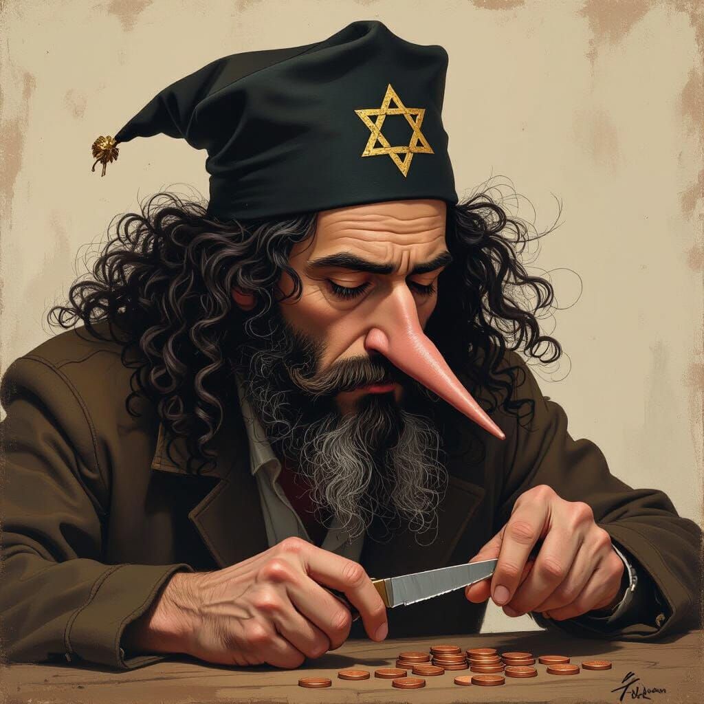 Man Cutting Pennies in Whimsical Digital Art Style